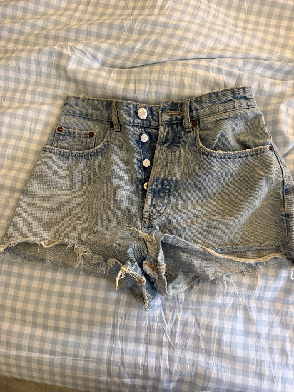 Zara Light Blue Button-Front Distressed Denim Shorts